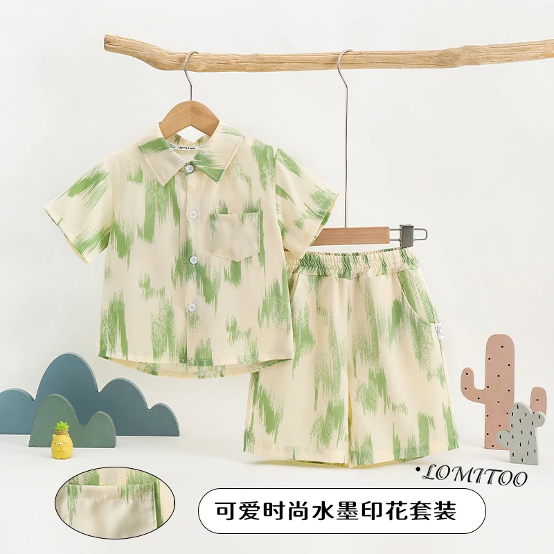 【青青福利】2025夏季新款儿童洋气夏天 水墨画 时尚套装4Z089