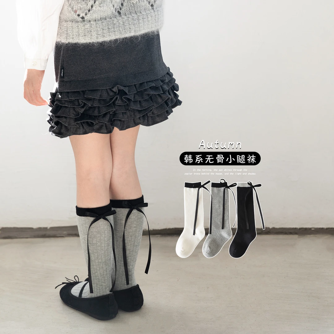 女童中筒袜春秋无骨棉袜小腿袜儿童韩系甜美蝴蝶结女孩宝宝长筒袜