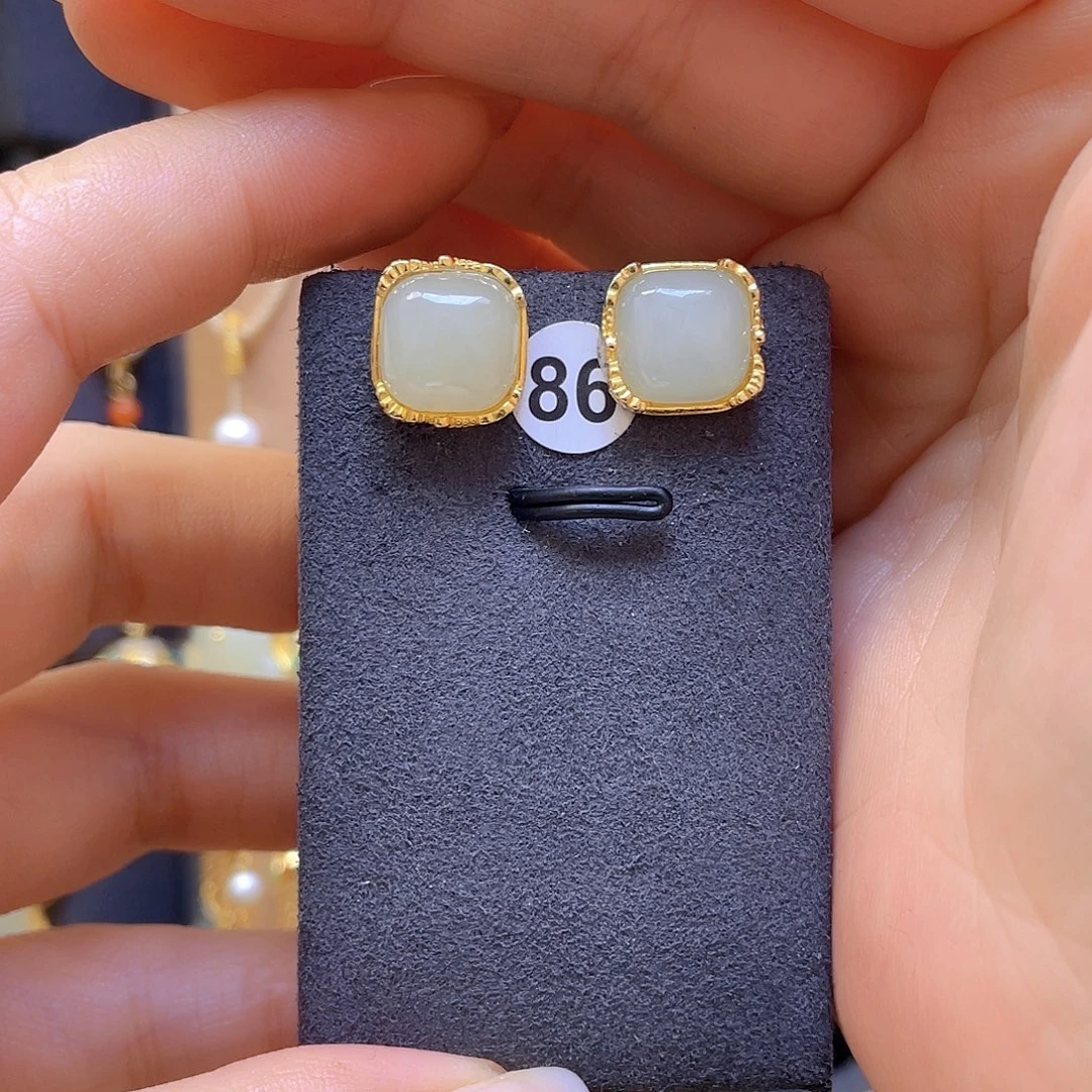 和田玉银S925镀金镶嵌耳饰