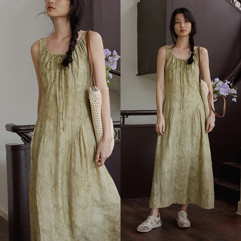 popchrio新中式U领炒色提花吊带背心连衣裙国风无袖露背长裙子