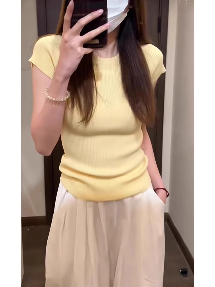 奶黄色短袖针织衫女装春夏季弹力修身掐腰设计感打底正肩T恤上衣