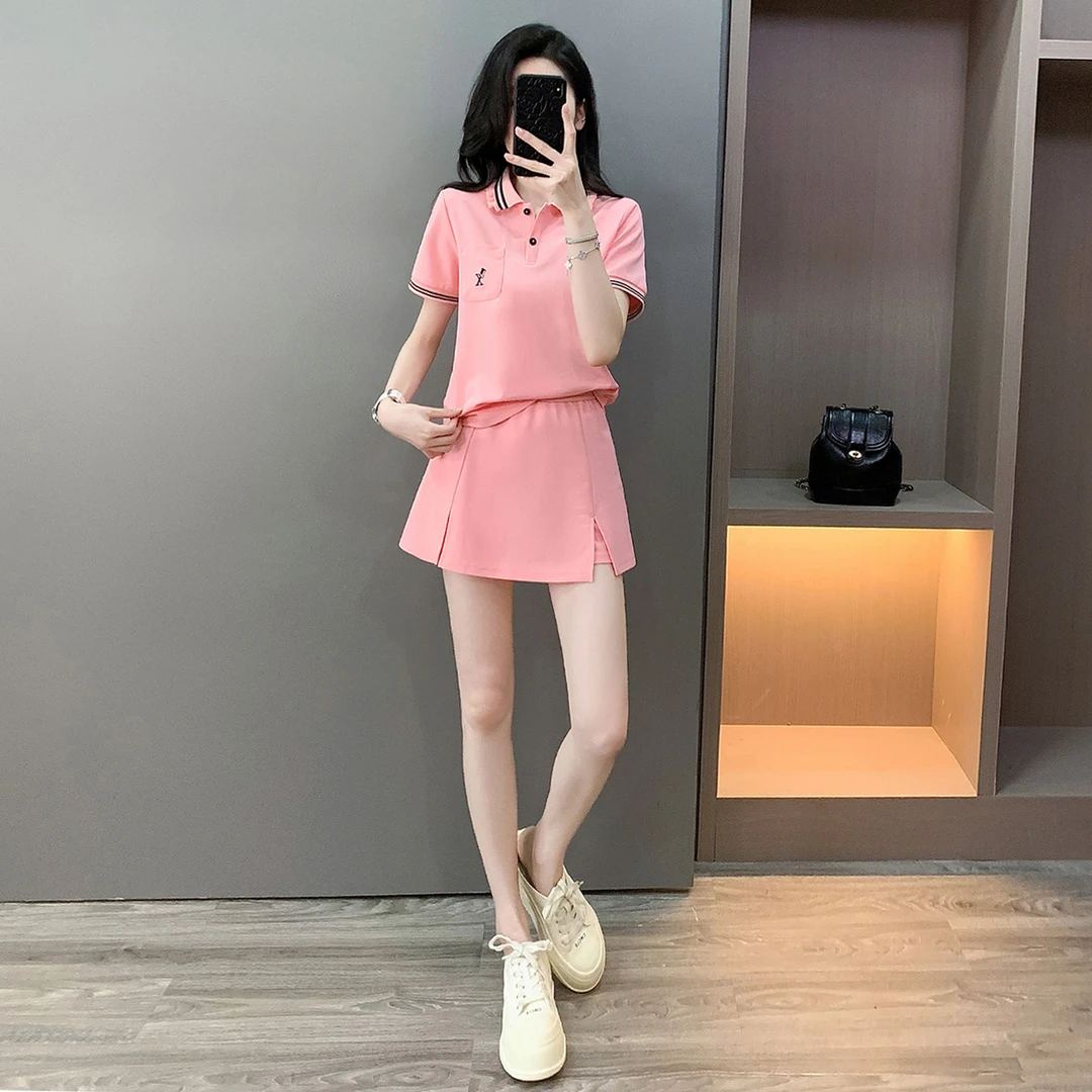 Polo领短袖上衣裤裙两件套女夏季新款韩版简约设计感休闲运动套装