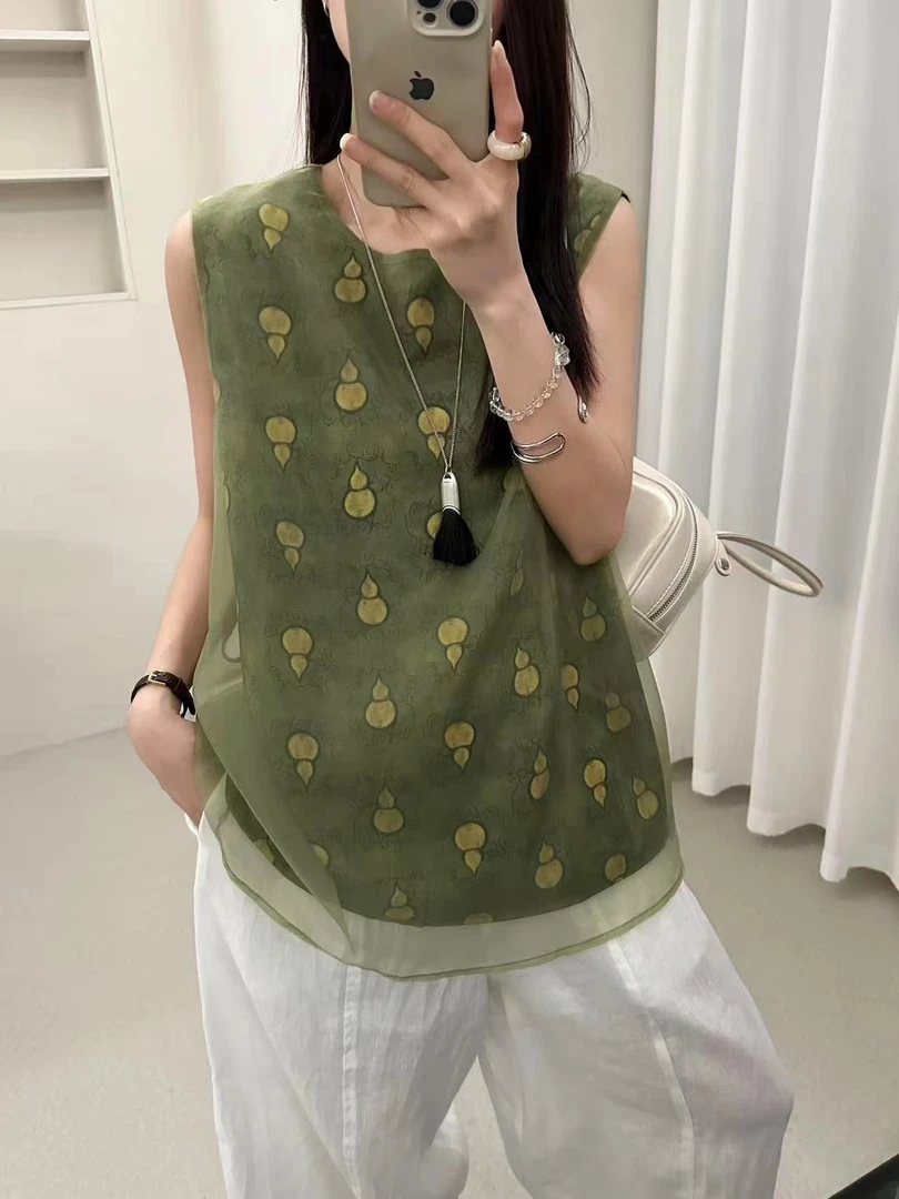 邹先森6120-29夏季新款无袖印花薄纱宽松设计感衬衫