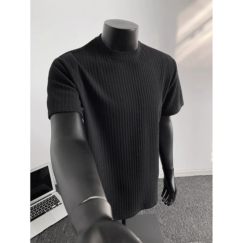 仓石一树黑色肌理感冰丝短袖t恤男夏季美式痞帅小领口正肩半袖男