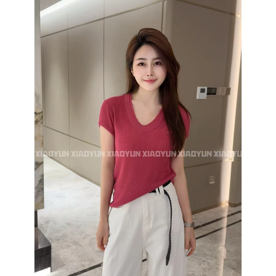 针织微透上衣 小允姐姐2025新款时尚气质高级针织V领T恤上衣