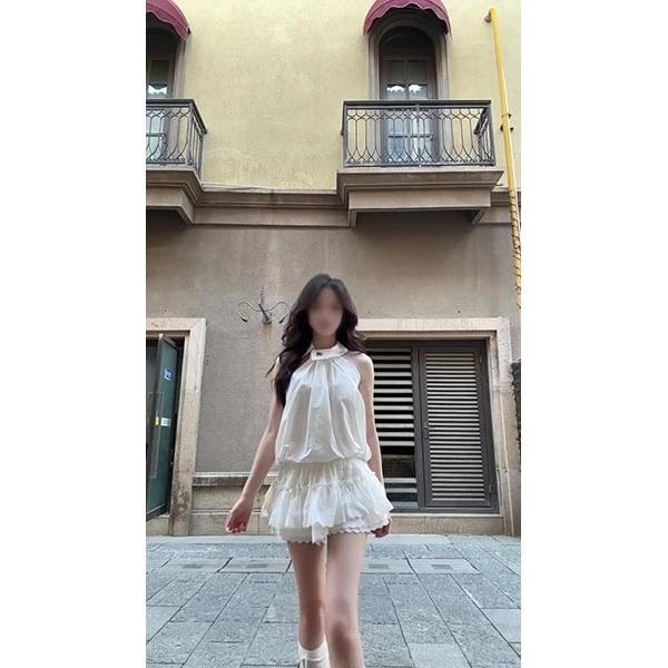 夏季新款甜辣妹套装刺绣抽绳挂脖无袖背心女白色蛋糕半身裙两件套