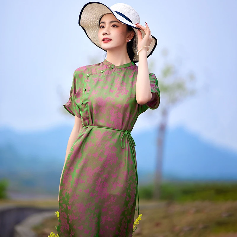 夏季新款民族风长裙新款丝棉提花荷叶边袖显瘦系带连衣裙女