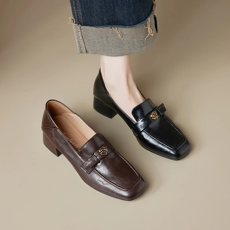2025新款真皮粗跟山茶花乐福鞋英伦风一脚蹬厚底单鞋方头休闲皮鞋