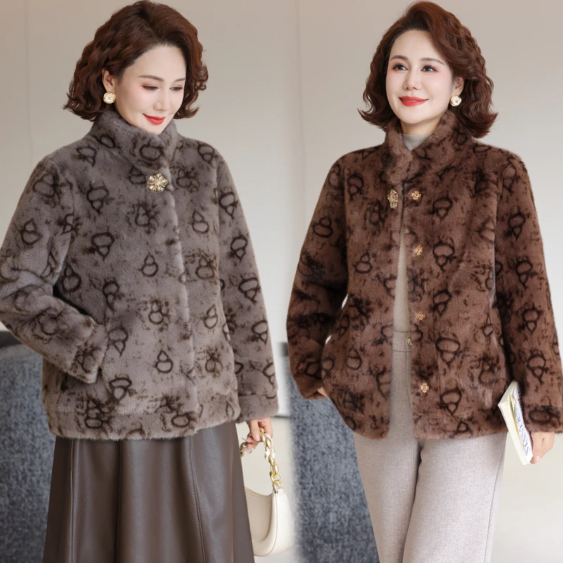 妈妈冬装仿水貂绒外套洋气立领中老年女新款国风皮毛一体毛呢大衣