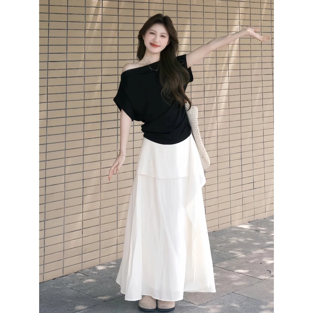 韩系气质纯欲套装不规则斜肩短袖T恤女上衣百搭高腰半身裙两件套