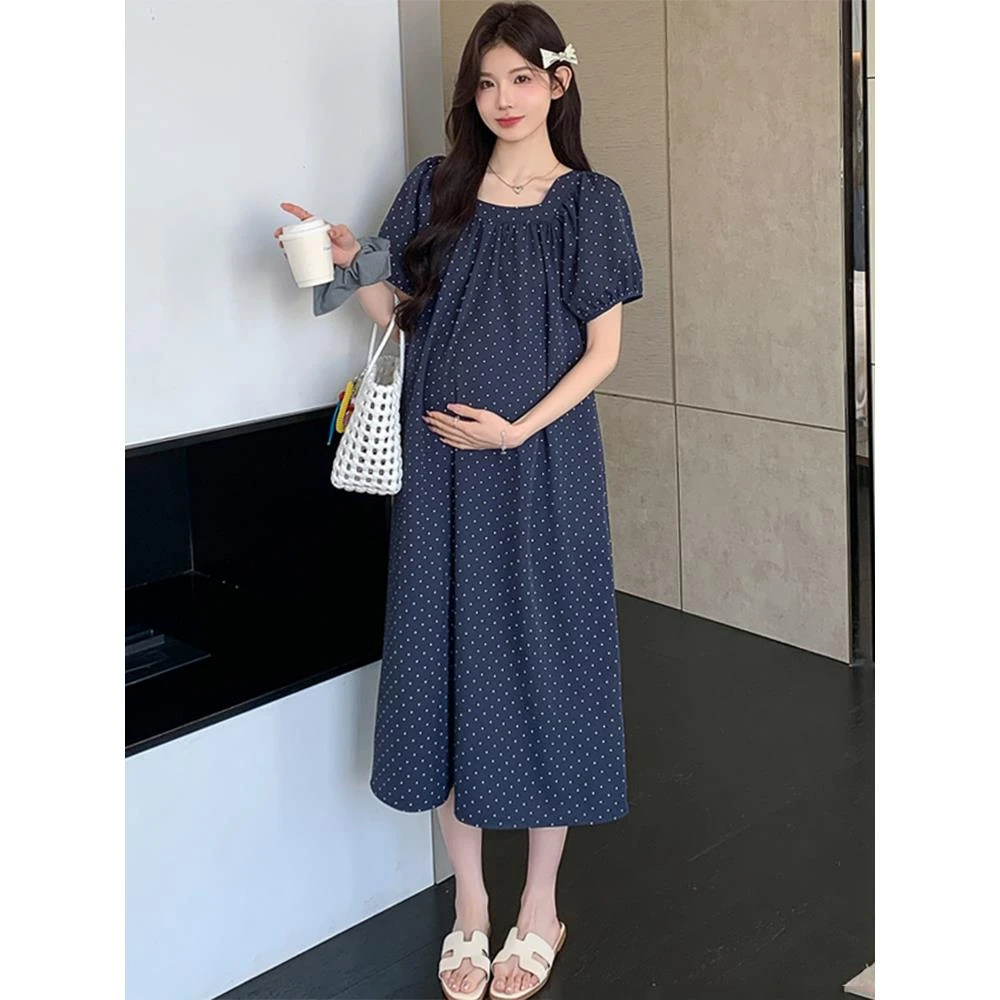孕妇连衣裙2025新款潮妈孕期穿搭法式宽松方领波点长裙夏季孕妇裙
