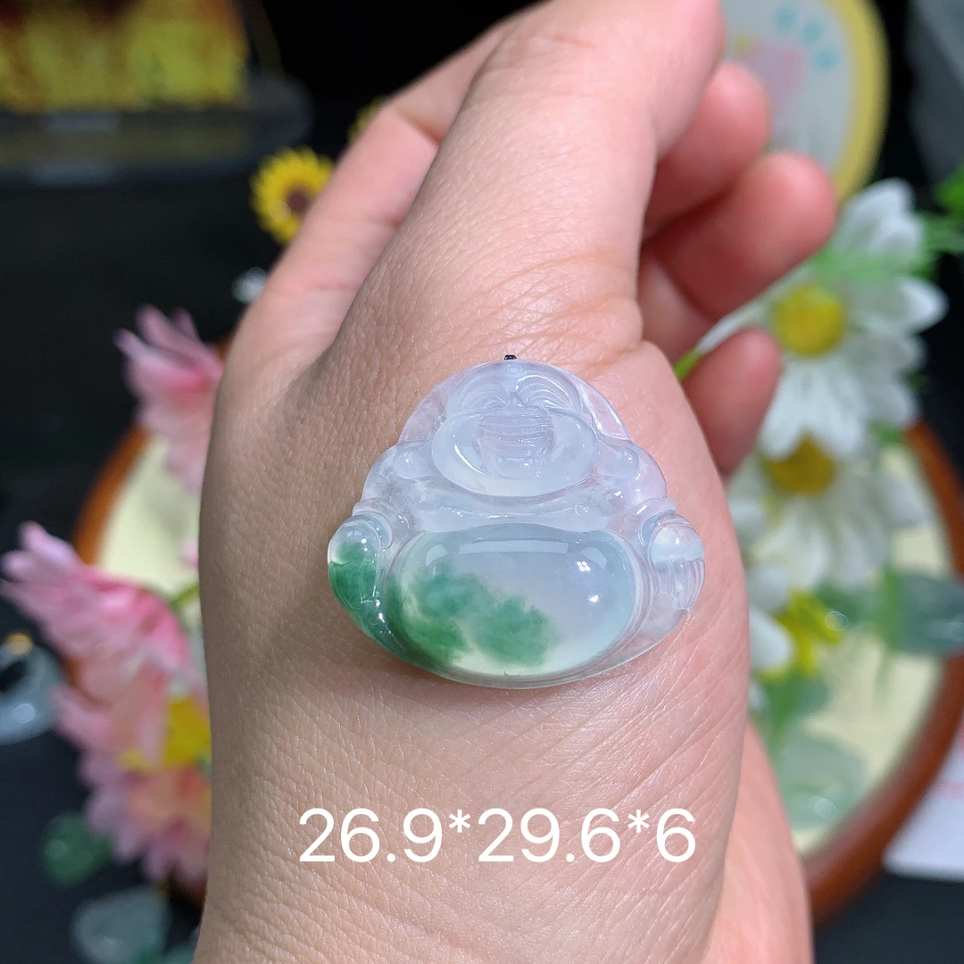 缅甸翡翠A货冰种飘花佛公奇吊坠挂件水润百搭雕刻玉冰冰透妈妈精