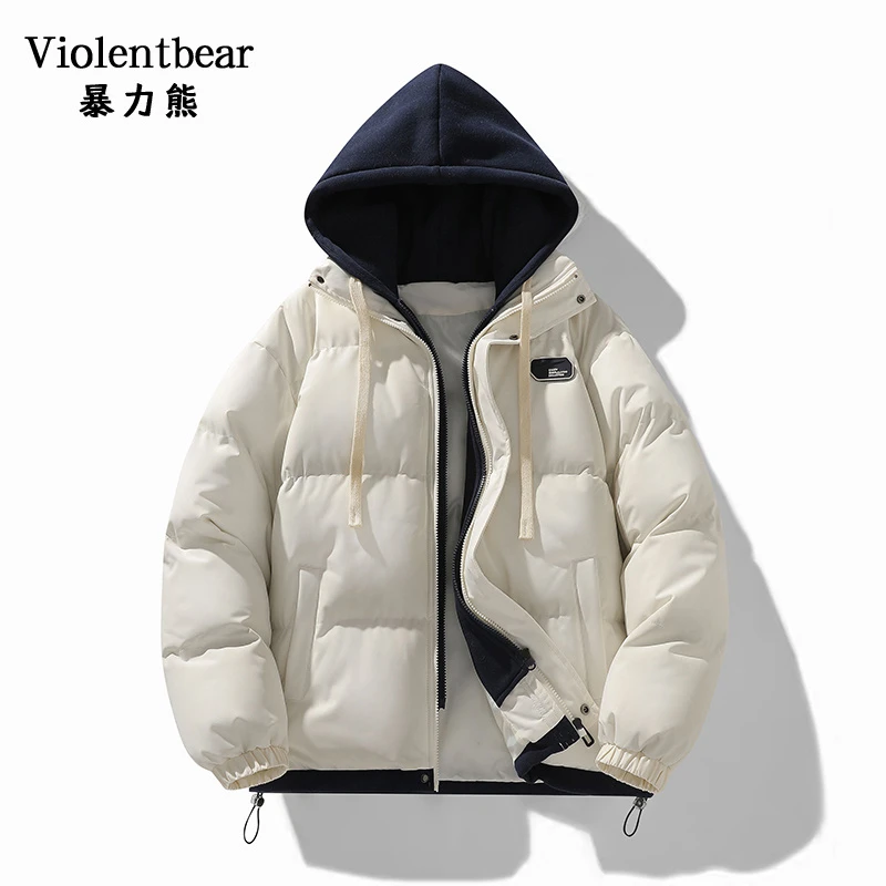暴力熊2025新款假两件连帽棉衣男士冬季潮流宽松情侣男女款棉服