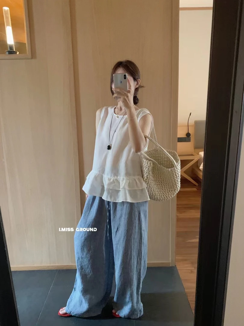 imiss@90355 （50亚麻）韩系无袖吊带背心气质荷叶边上衣 7-4