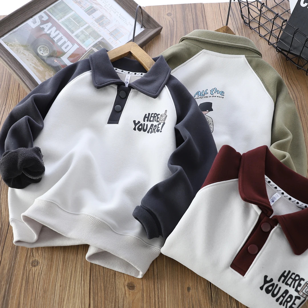 冬季儿童加绒加厚翻领中大童polo印花卡通插件袖休闲卫衣 39007