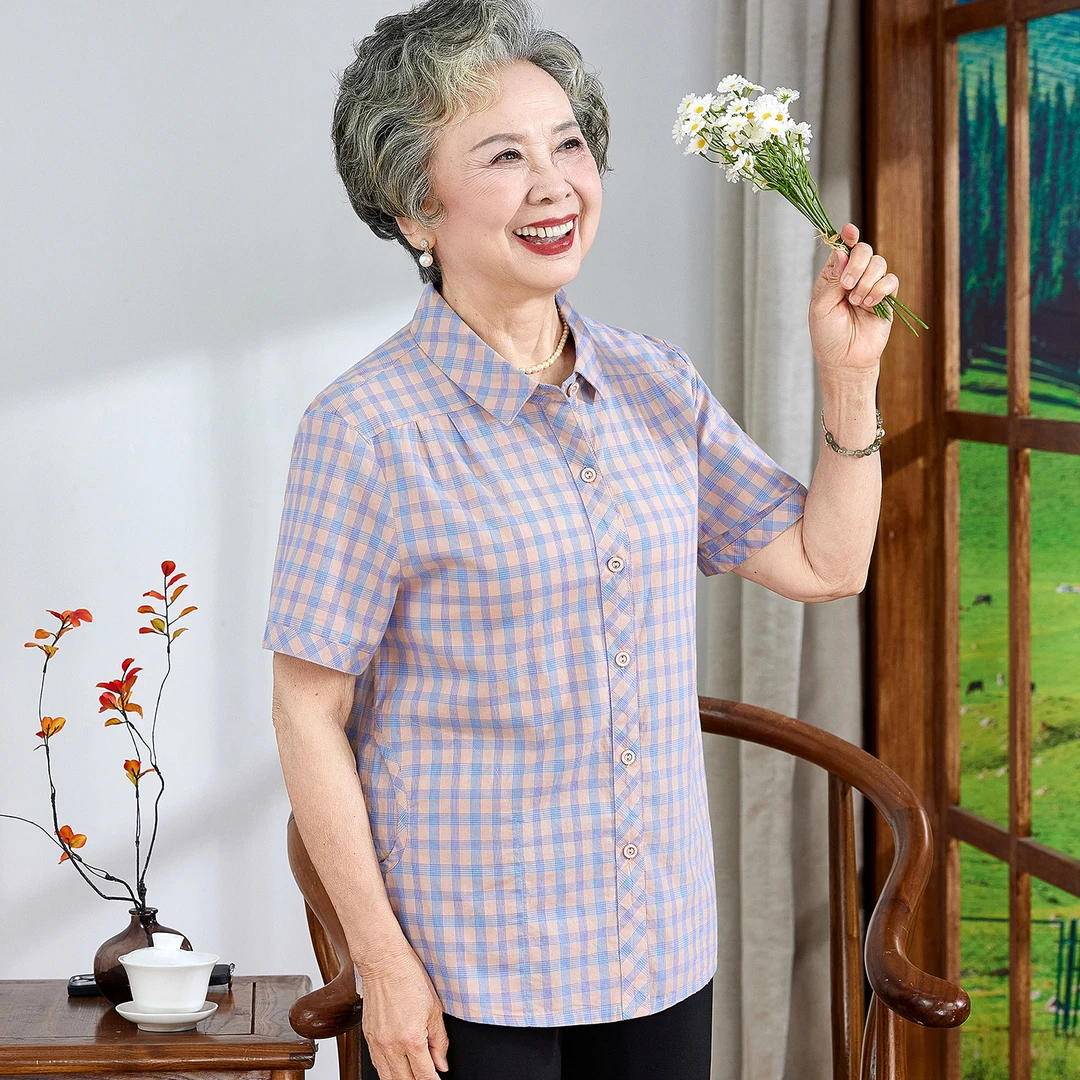 中老年人夏装女纯棉短袖开衫奶奶夏季宽松全棉衬衣老太太妈妈衣服