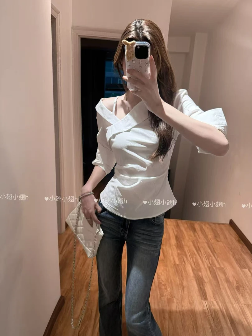 小翅服饰  斜肩拼接捏褶微弹沙漏腰长袖衬衫
