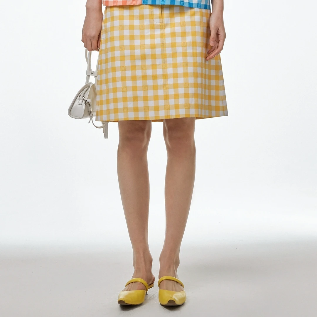 【米儿精选】ZHUCHONGYUN原创设计格子拼色直身短款半身裙女