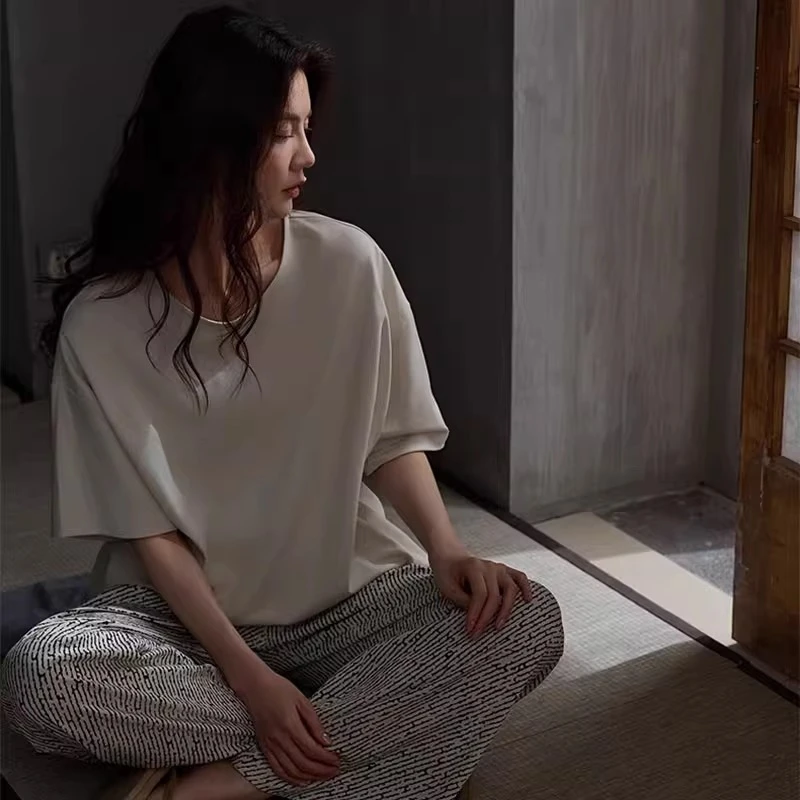【凉感】高级感睡衣女款短袖长裤夏季爆款条纹印花简约家居服两件套