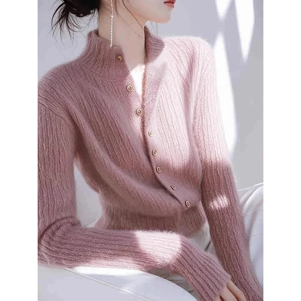 粉色短款立领单排扣外套女冬季软糯慵懒风休闲外穿针织衫上衣