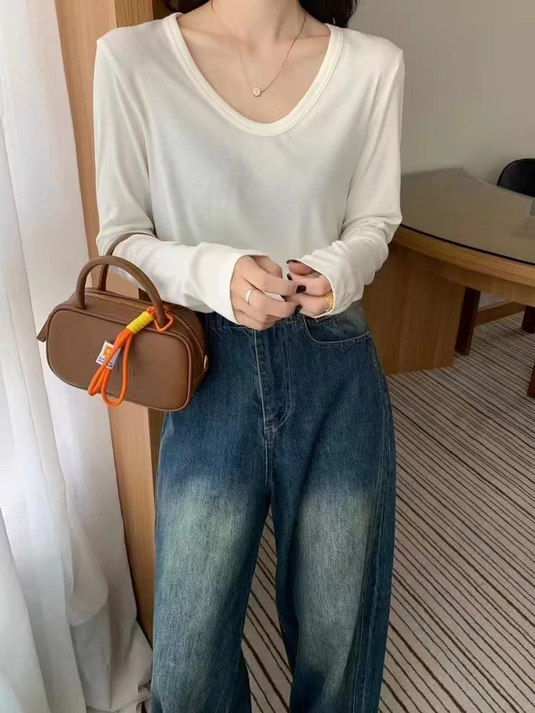 5802女春秋款新品韩版莱赛尔打底衫U领露锁骨百搭长袖T恤上衣