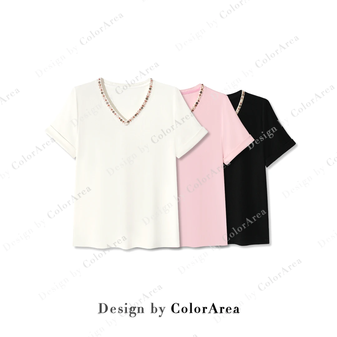 ColorArea/色域【92%莱赛尔】新款设计感时尚减龄上衣百搭V领T恤