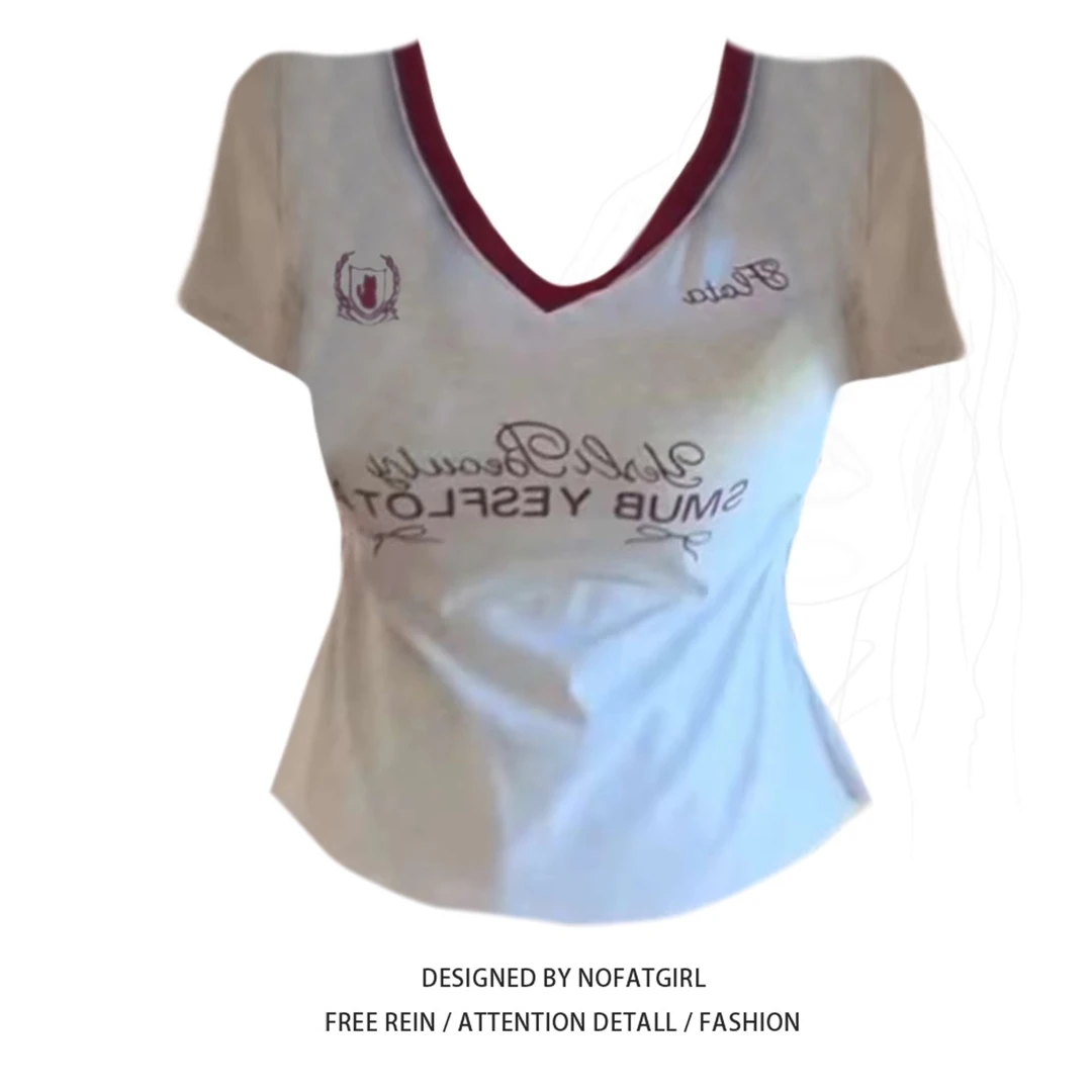 大码胖妹妹美式复古撞色V领刺绣短袖T恤女夏季正肩褶皱收腰上衣潮