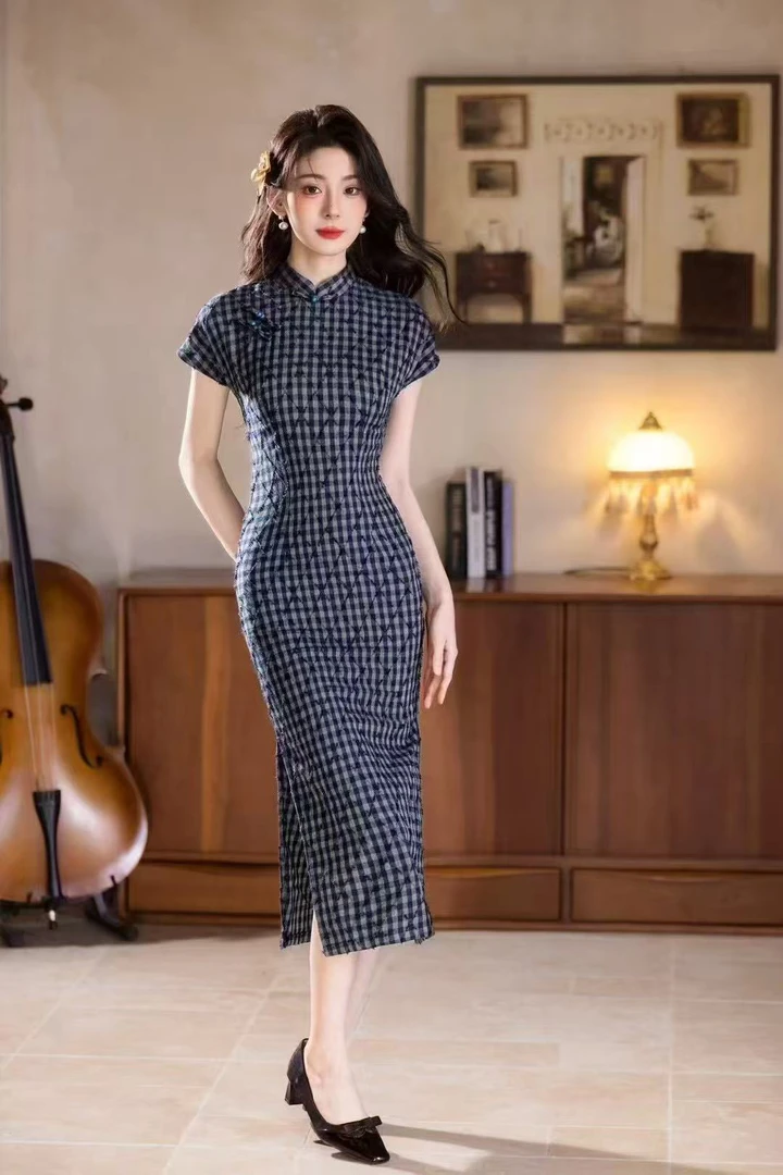 提花短袖一字扣新中式格子旗袍中国风新复古风晕染