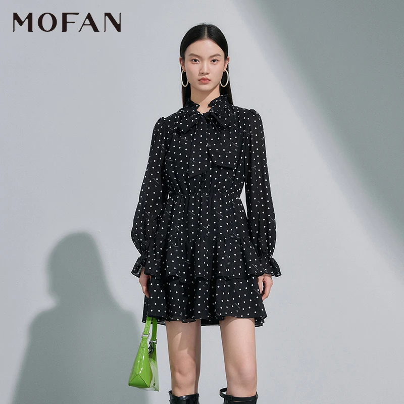 【大叔专属】MOFAN摩凡春新款黑底白点连衣裙MJL375452