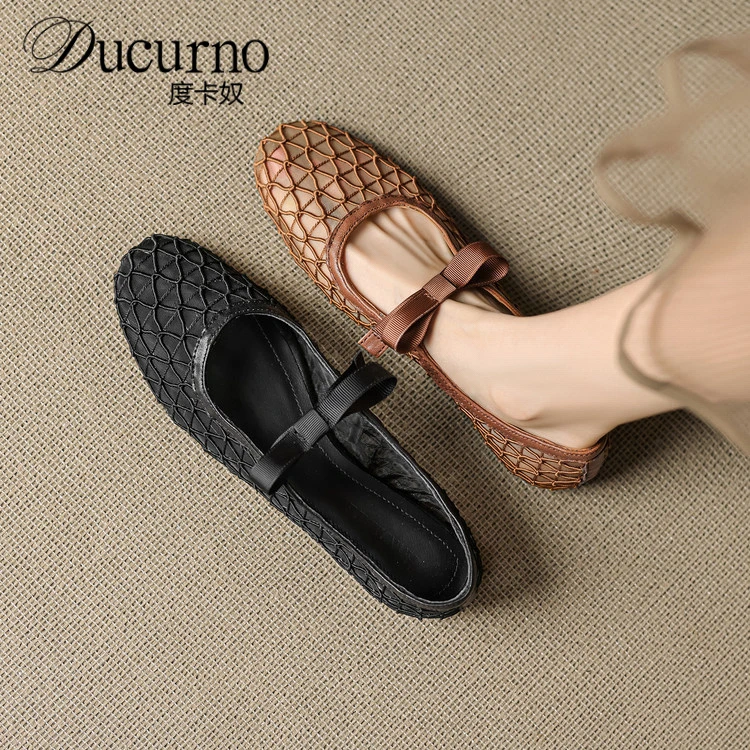 DUCURNO蝴蝶结真皮网纱透气平底单鞋女2025新款复古风软底豆豆鞋