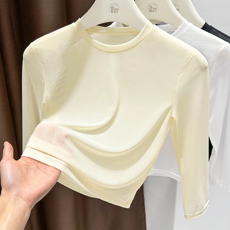 杏色透气网纱打底衫上衣女夏季2025新款中袖时尚冰丝T恤小衫纱衣