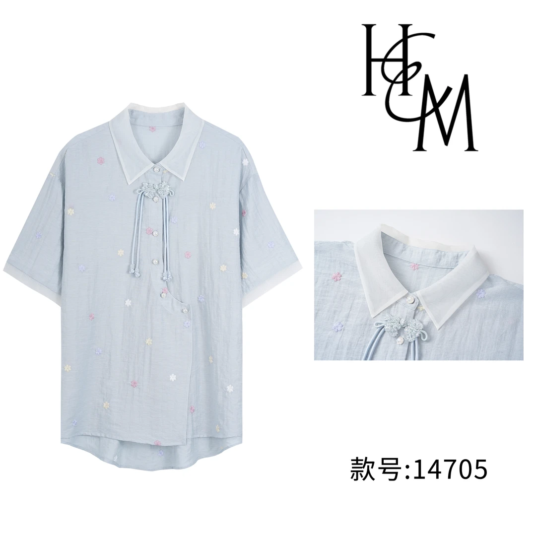 HUIERMAN/慧尔曼时尚设计师款国风盘扣刺绣花衬衫【14705】
