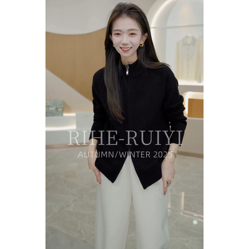 R H 【拉链羊绒】复古质感羊毛羊绒混纺长袖拉链毛衣开衫1360751