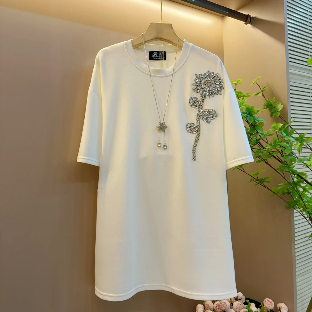 2025夏季新款百搭时尚显瘦气质洋气重工花朵短袖上衣（长77左右）