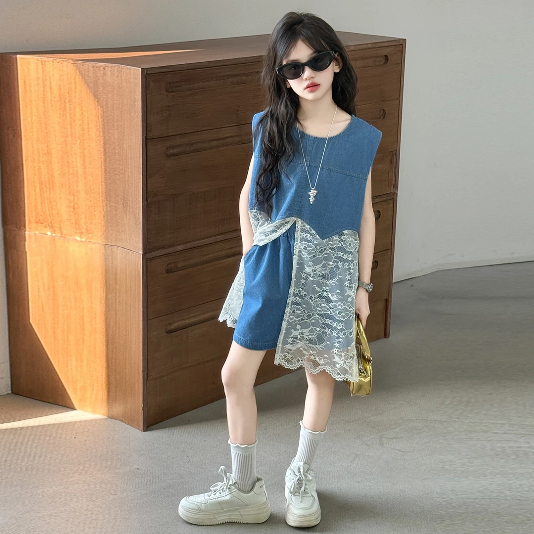 2025夏季新款女童中大童洋气时尚拼接蕾丝牛仔套装女大童休闲套装