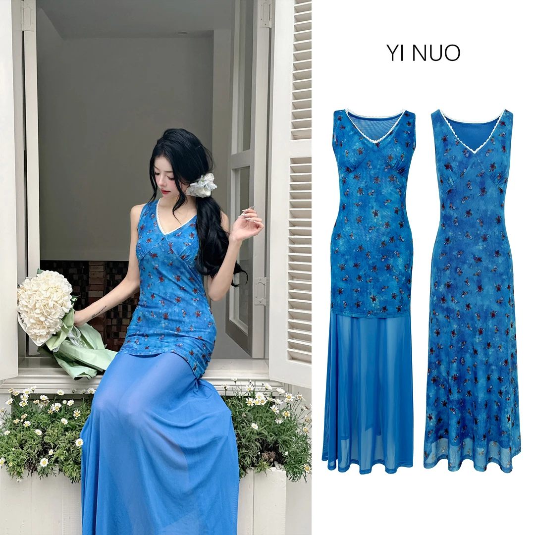 夏季新款碎花V领收腰无袖显瘦气质连衣裙91175