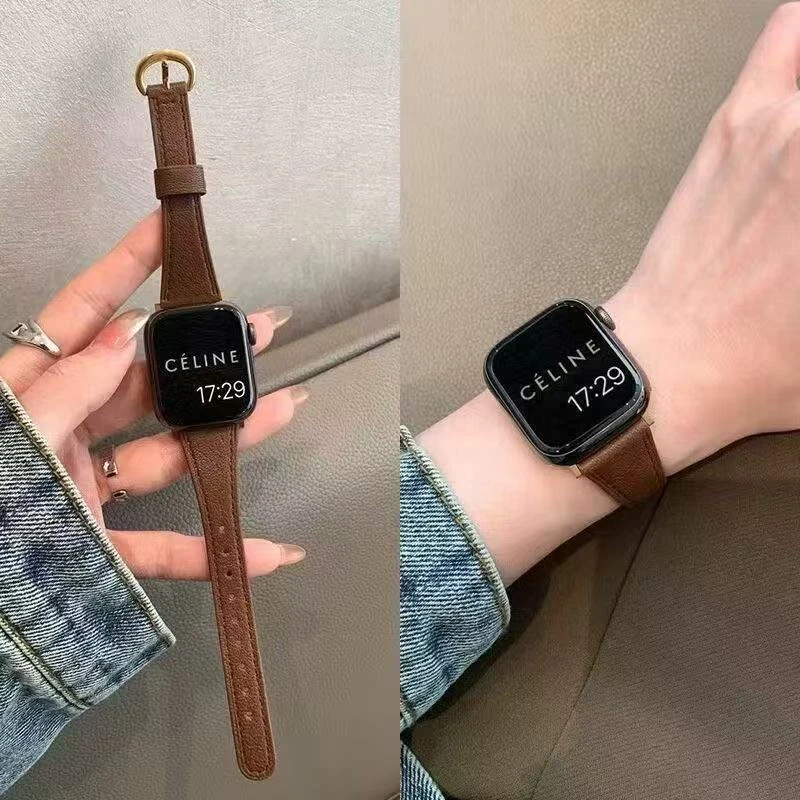 适用ApplewatchS10Ultra小蛮腰ins真皮质表带苹果手表S9876se细款