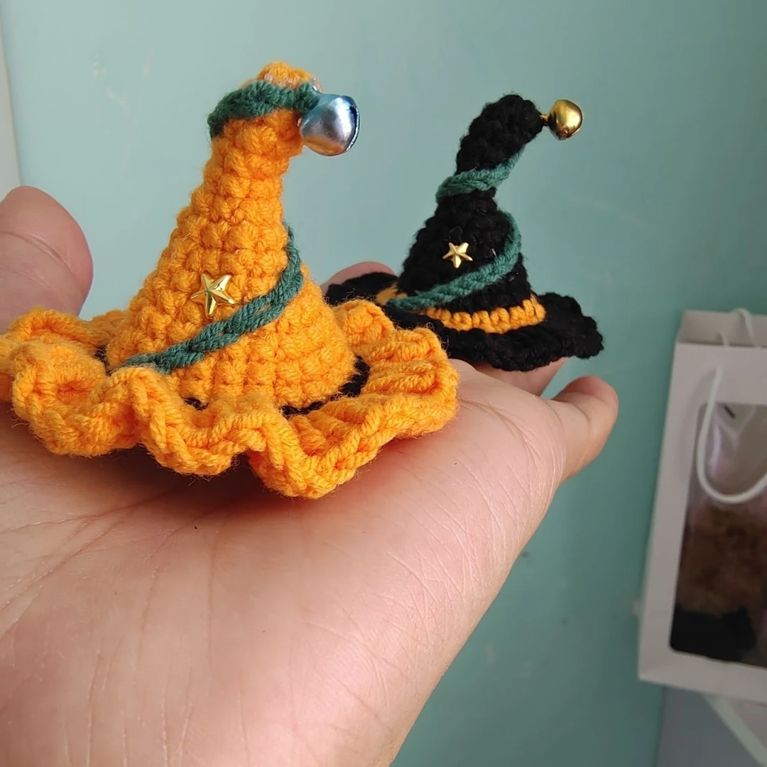 万圣节手工女巫帽橙黑撞色创意手工编织帽口直径5.5-6cm