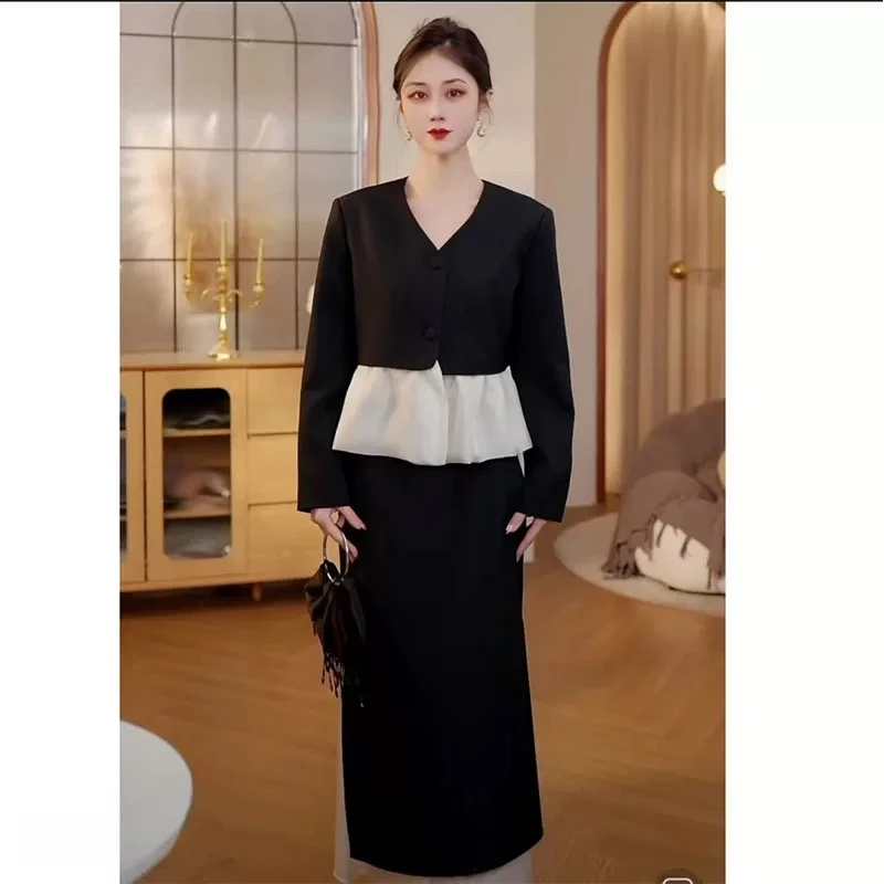 2025轻奢新款春季气质显瘦经典蓝色拼接西装外套长裙通勤套装女