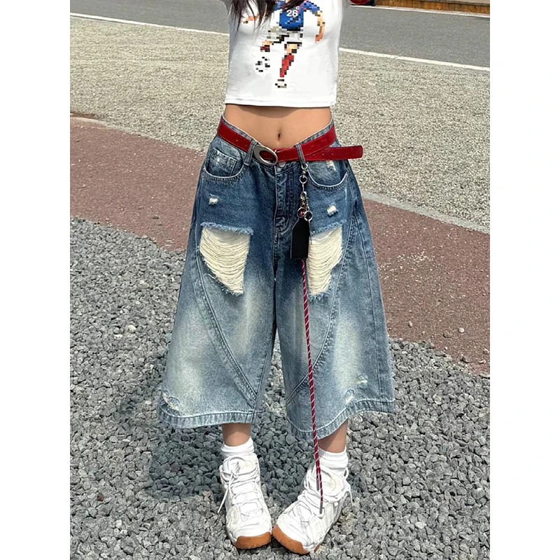 潮碧梵大码女款女装复古破洞牛仔裤女胖mm七分裤直筒宽松阔腿裤