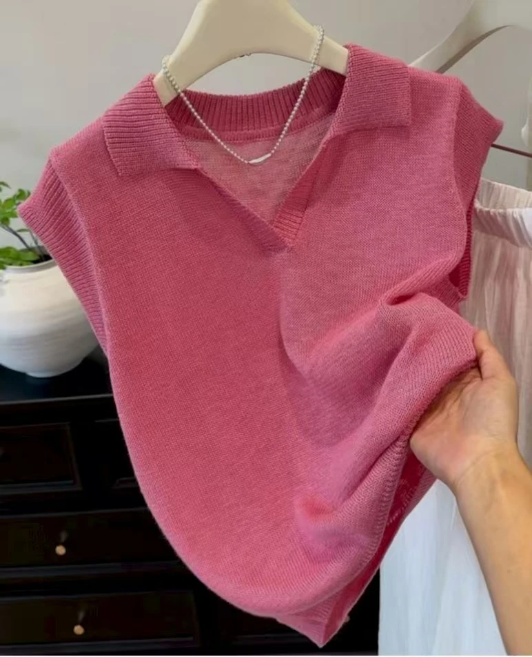 【现货+运费险】韩系粉红色粉嫩嫩复古polo领针织T恤女软糯亲肤修身