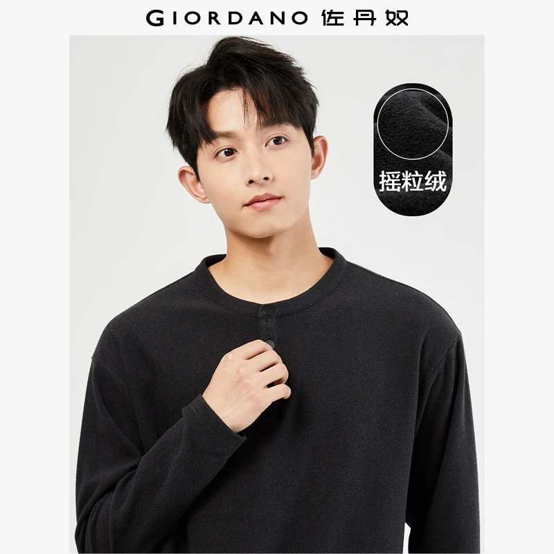 佐丹奴秋冬男装保暖摇粒绒纯色亨利领针织舒适长袖T恤 01024829