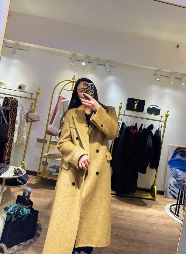 长款女中长款毛呢外套设计师百搭落叶黄毛呢网红女士外套驼色