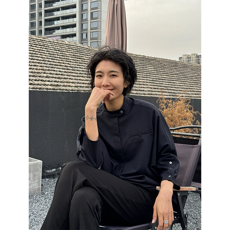 LANGQING 秋装休闲宽松设计感小众时尚羊毛长袖衬衫44200#