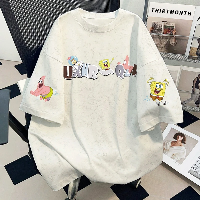 海绵宝宝重磅扎染短袖t恤男女童日系潮牌休闲慵懒风中大童上衣服