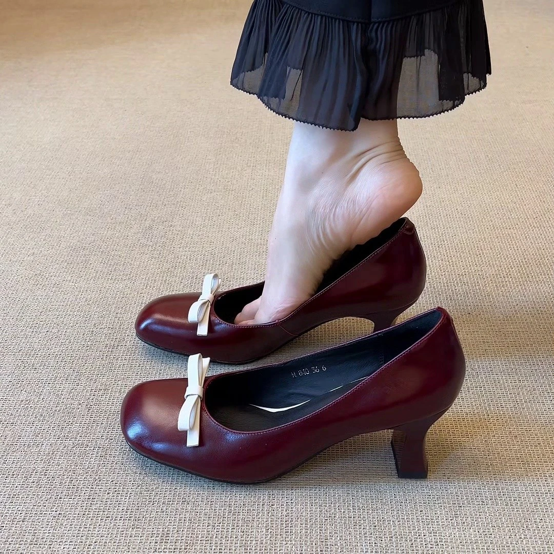 羊皮版~2025年新款时尚复古法式浅口夏季一脚蹬软底粗跟单鞋女款