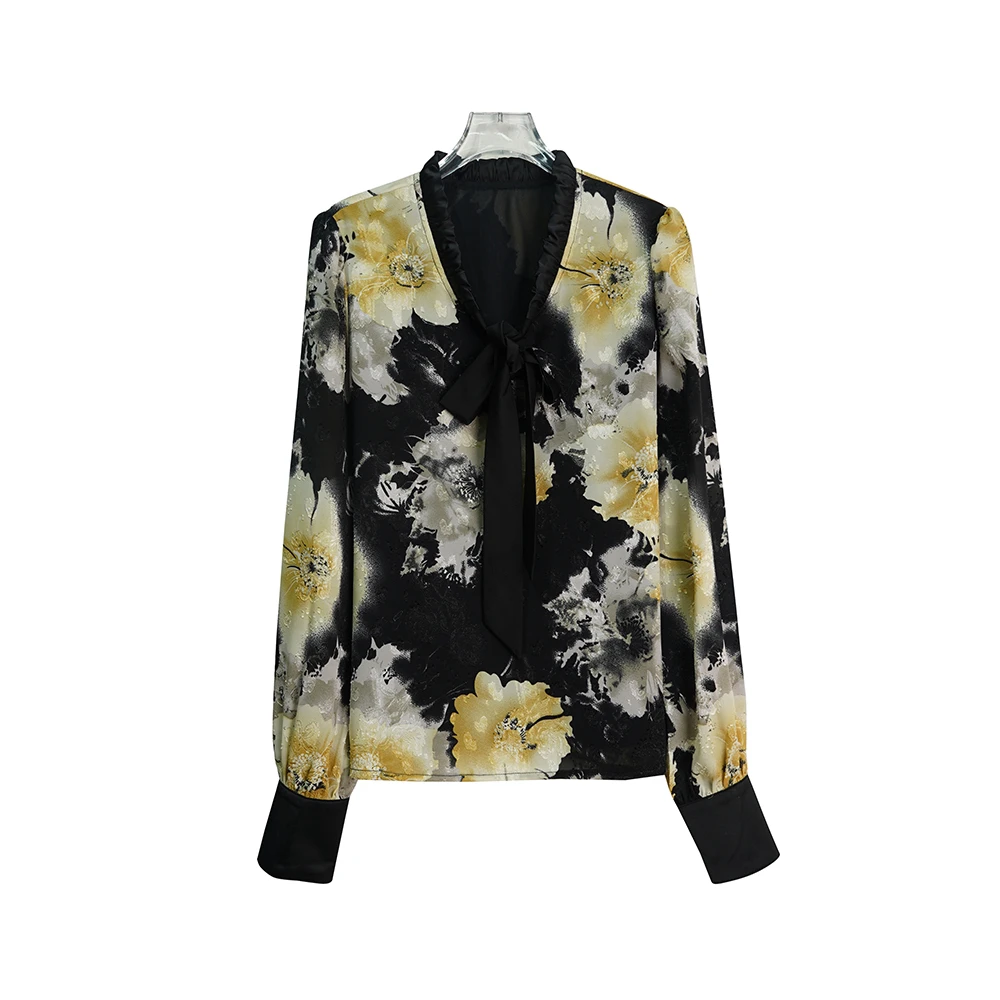 X2665设计感气质长分袖系带上衣洋气V领轻奢印花衬衫