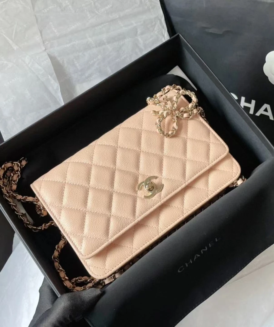 95新 Chanel/香奈儿 23s蝴蝶结woc奶茶色金扣单肩包/50578934