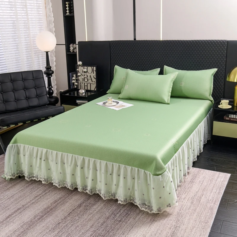 【凉感丝豆豆席床裙款三件套】轻奢提花纯色冰豆豆软凉席可机洗