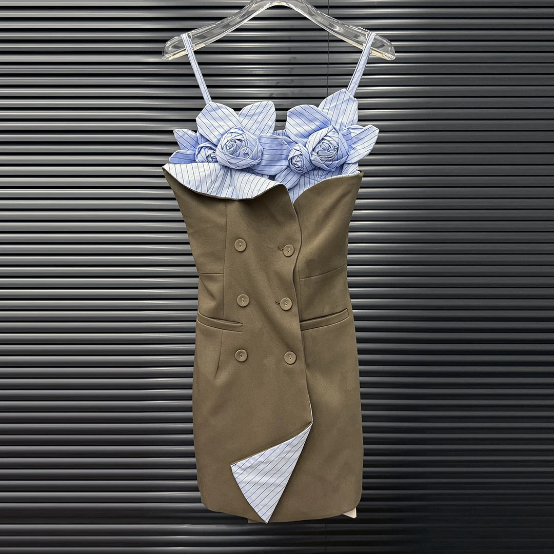 付新博女装小众假两件立体蓝色花朵拼接包臀裙连衣裙无袖女14711